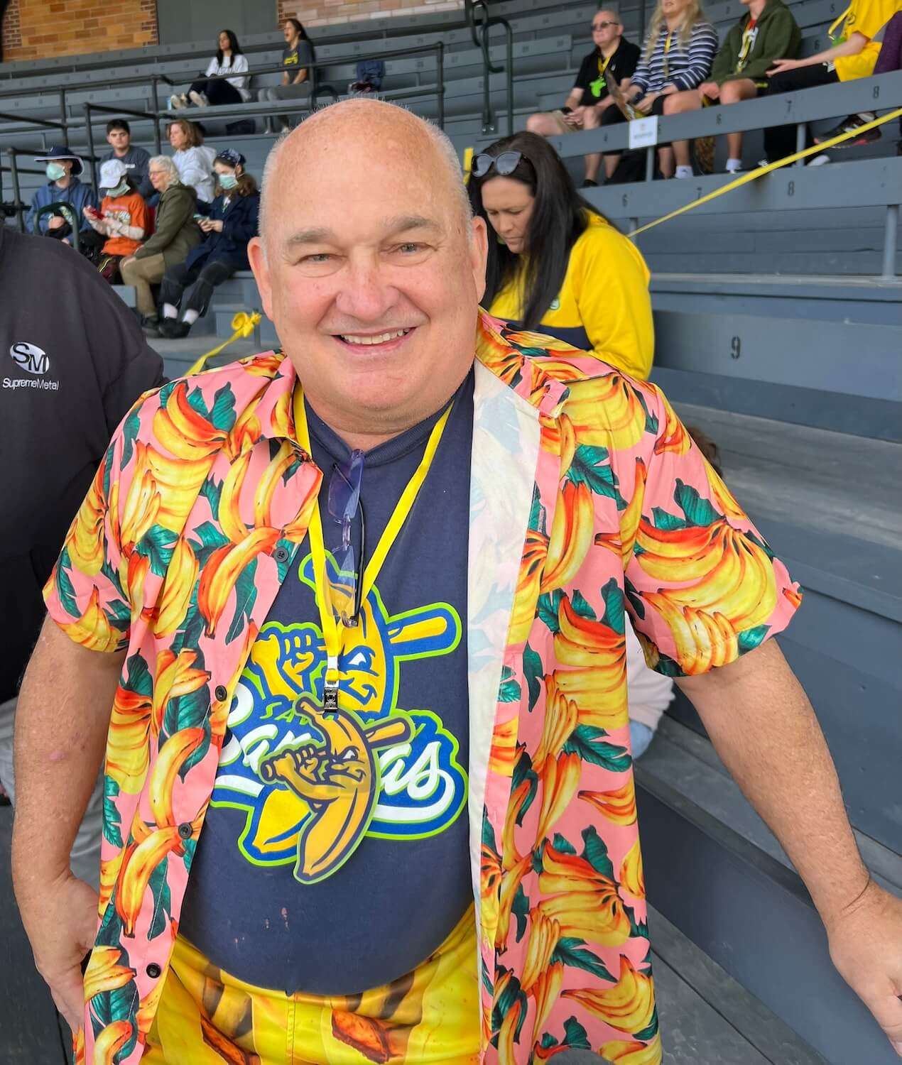 They're not just for kids anymore. Very important Banana Mike Berkus wore his Banana best to a game in Cooperstown.