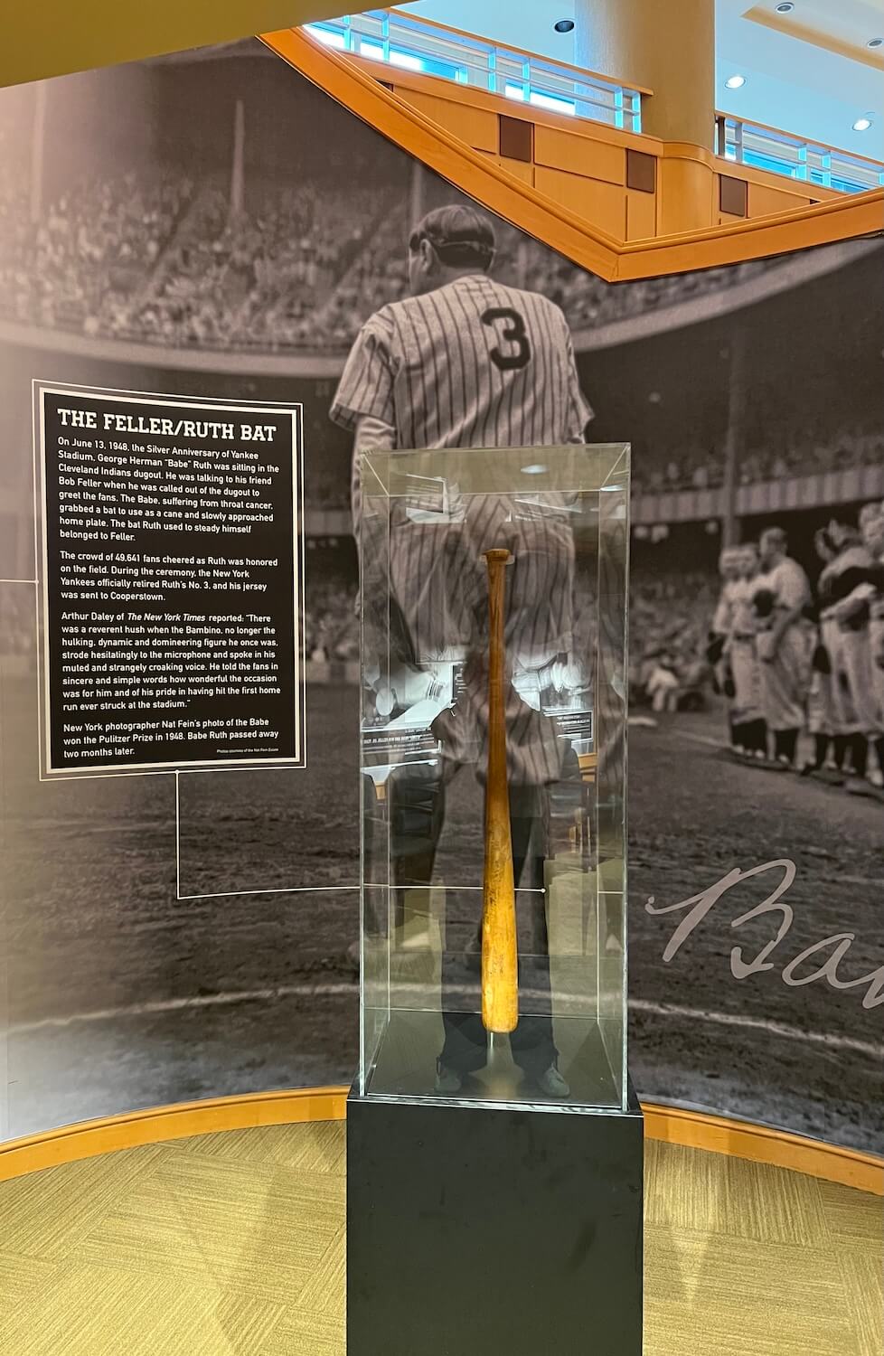 Progressive Field is also home to the bat Babe Ruth used to support himself as he climbed the dugout steps for his last appearance at Yankee Stadium, which belonged Bob Feller, had come to rest in the crack of Babe's butt.